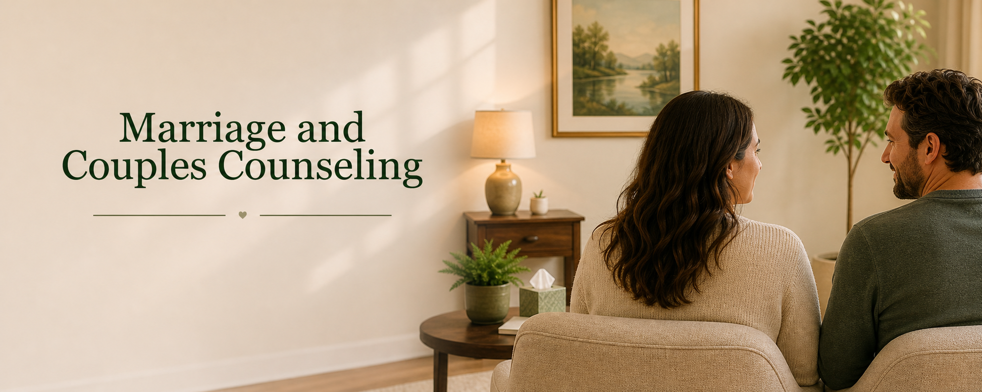Marriage and couples counseling — two people sitting together in a quiet room.