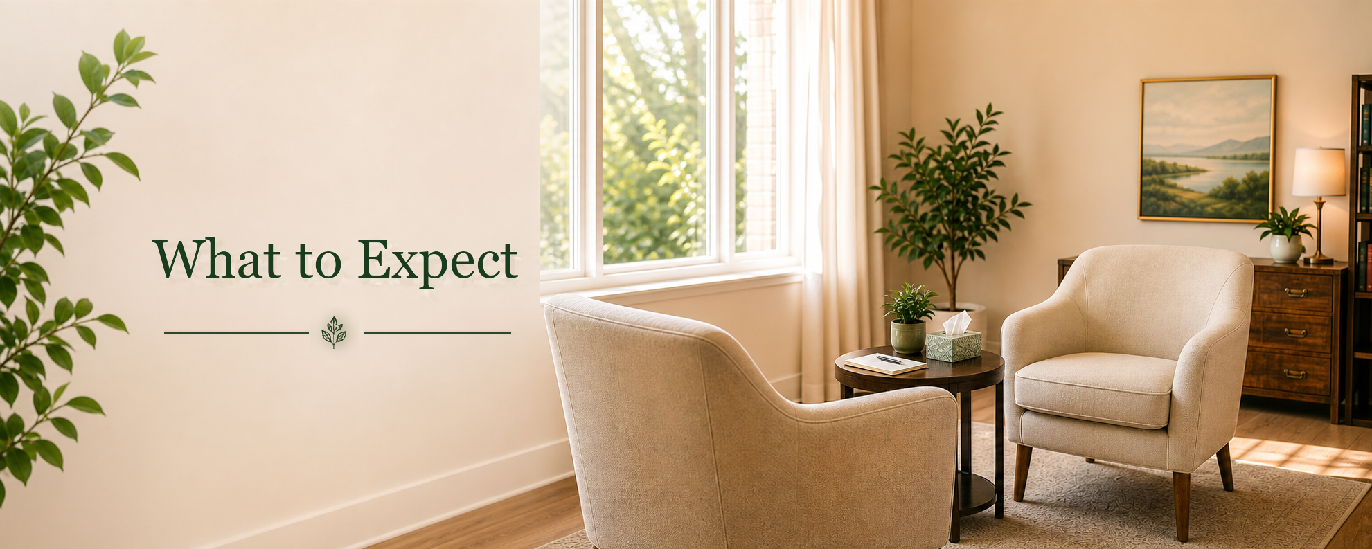 What to expect — a calm, empty counseling office with two chairs.